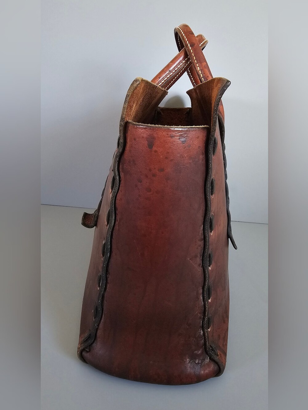 Gorgeous VINTAGE 1960s/70s Hippie Brown Handmade Leather Tote Bag - Picture 4 of 14